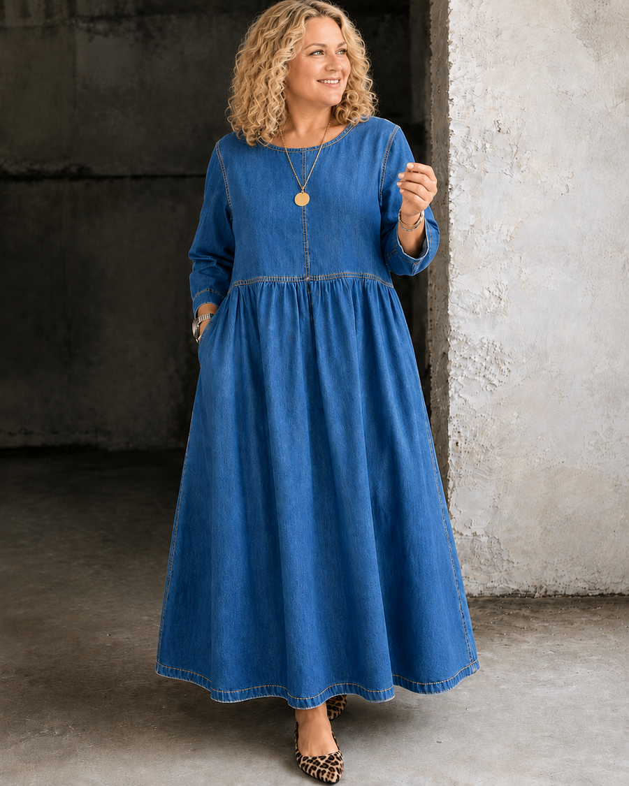 Aria™ | Belly-Flattering Denim-Look Maxi Dress