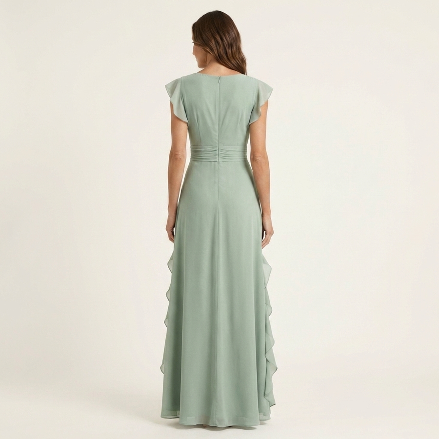 Nellyana | Wrap-Style V-Neck Flutter-Sleeve Cascading Ruffle Maxi Dress